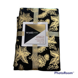 Wyatt Home Christmas Poinsettia Wilderness Gold Metallic Tablecloth 60x84” Black